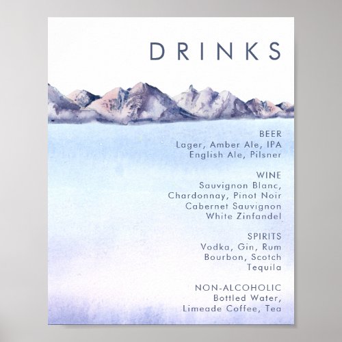 Winter Mountain Wedding Drinks Menu Poster