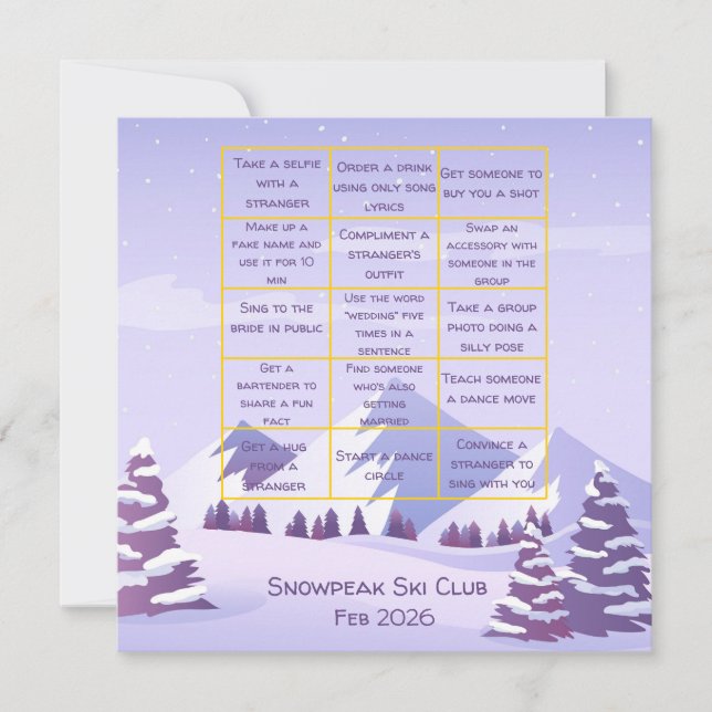 Winter Mountains Bachelorette Party Bingo Game Thank You Card (Front)