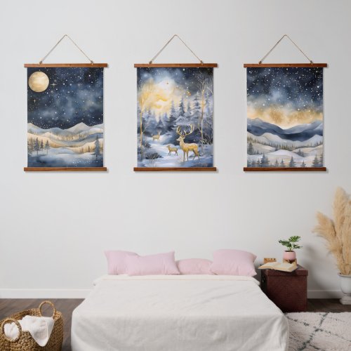 Winter Mountains Deer Stars Navy Landscapes Hanging Tapestry