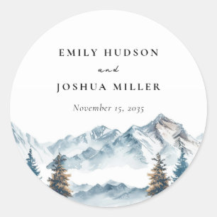 Winter Mountains Pine Tree Wedding Classic Round Sticker