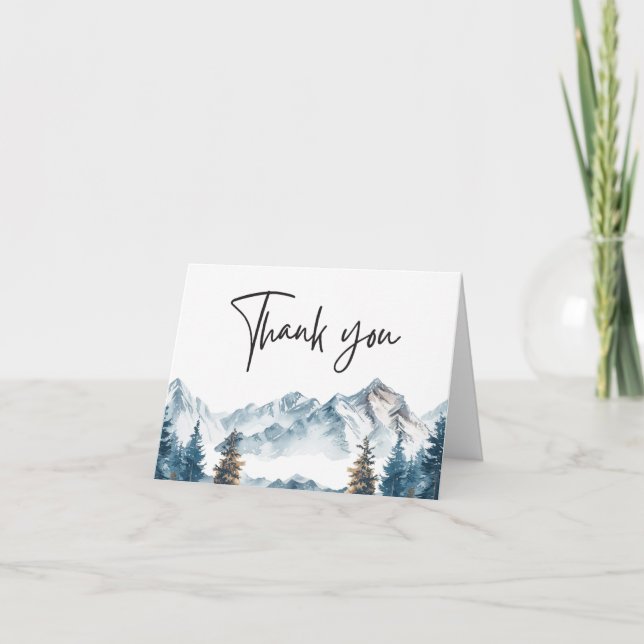 Winter Mountains Pine Tree Wedding Letterpress Thank You Card (Front)
