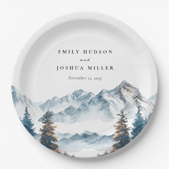 Winter Mountains Pine Tree Wedding Paper Plates (Front)