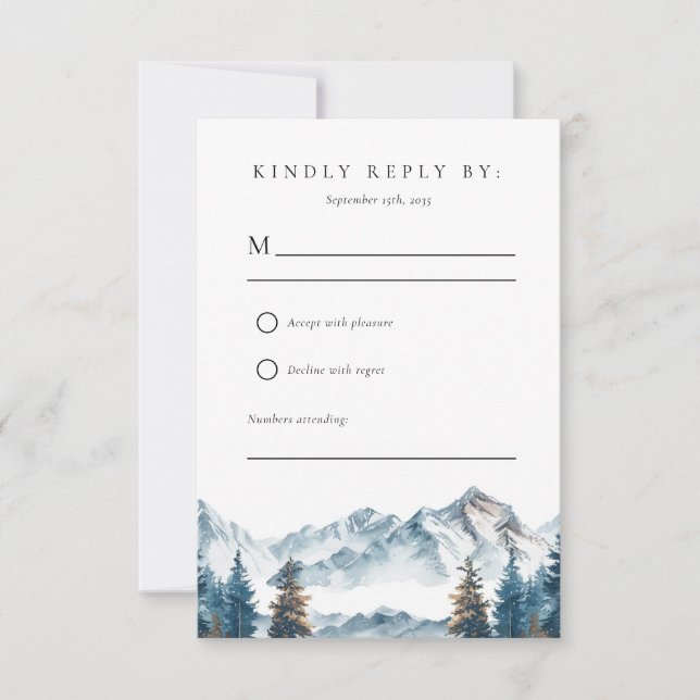 Winter Mountains Pine Tree Wedding RSVP Card (Front)