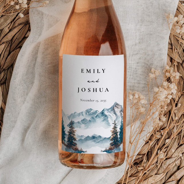 Winter Mountains Pine Tree Wedding Wine Label (Creator Uploaded)