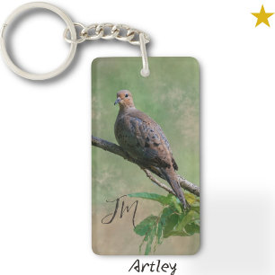 Winter Mourning Dove Bird Painting Initials Keychain