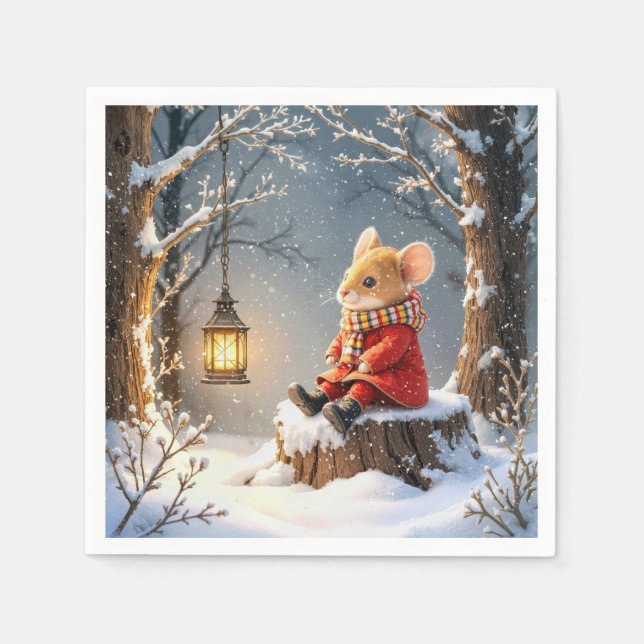 Winter Mouse and Forest Lantern In Snowflakes Napkins (Front)