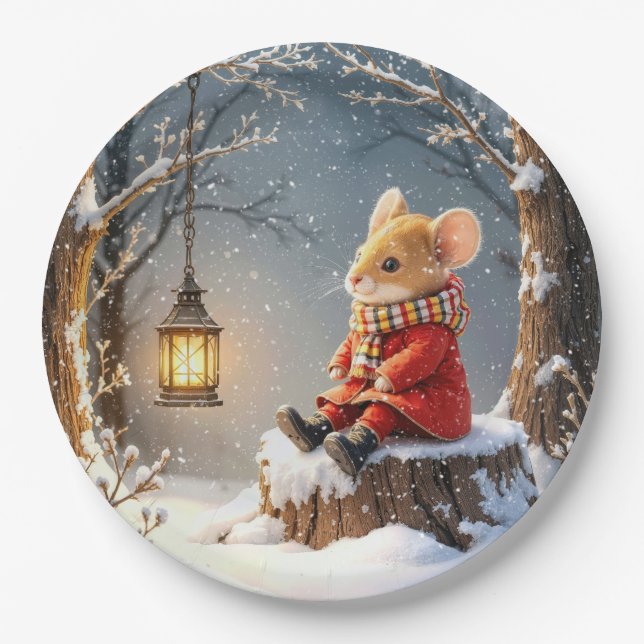 Winter Mouse and Forest Lantern In Snowflakes Paper Plates (Front)