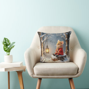 Winter Mouse and Forest Lantern In Snowflakes Throw Pillow