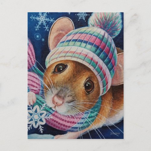 Winter Mouse Catching Snowflakes Watercolor Art Postcard