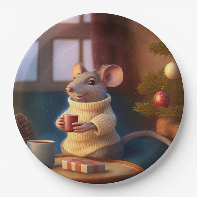 Winter Mouse with a cup  Paper Plates (Front)