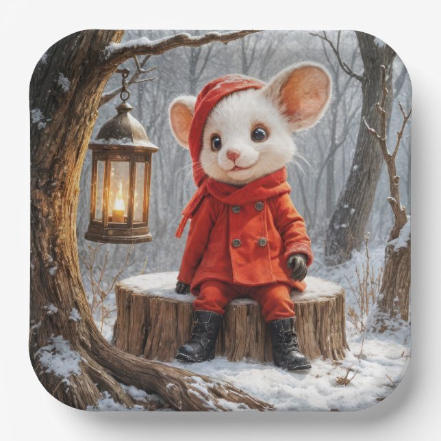 Winter Mouse With Forest Lantern Paper Plates (Front)