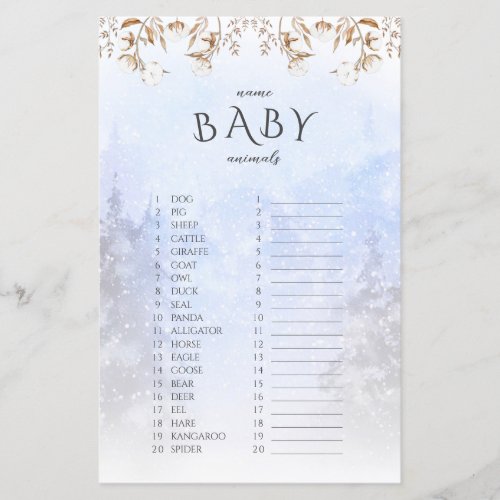 Winter Name Baby Animals Baby Shower Game