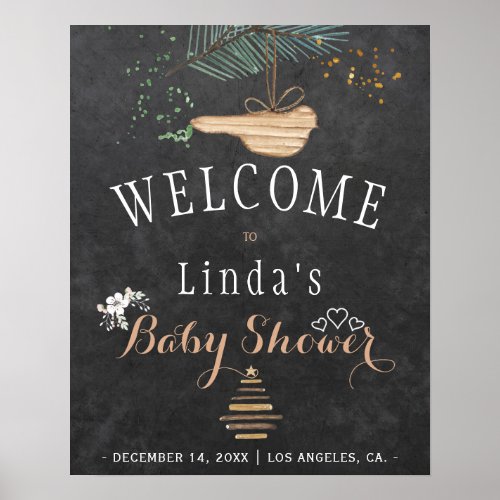 Winter nature chalkboard watercolor baby shower poster