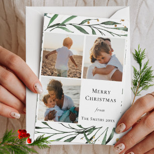 Winter Nature Gold Confetti Green Foliage Holiday Card