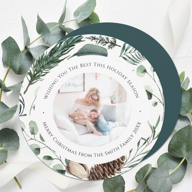 Winter Nature | Watercolor Pine Wreath Circle Holiday Card (Creator Uploaded)