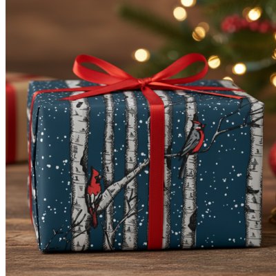 Winter Navy Blue Cardinal Birds Snow Birch Trees Wrapping Paper