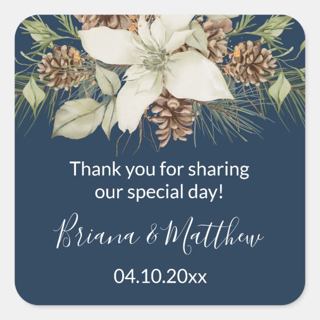 Winter Navy Blue Elegant Script Wedding Favor Square Sticker (Front)