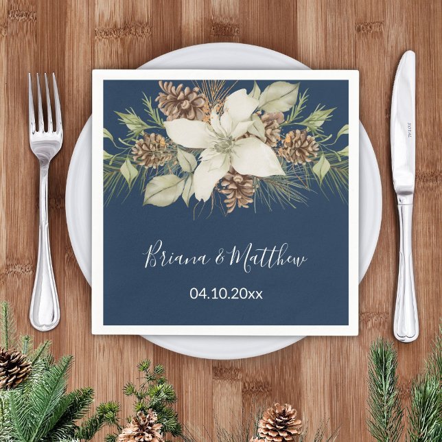 Winter Navy Blue Elegant Script Wedding Napkins (Creator Uploaded)