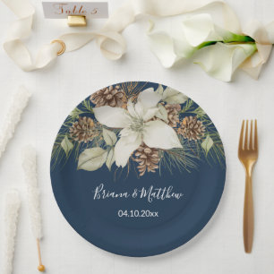Winter Navy Blue Elegant Script Wedding Paper Plates
