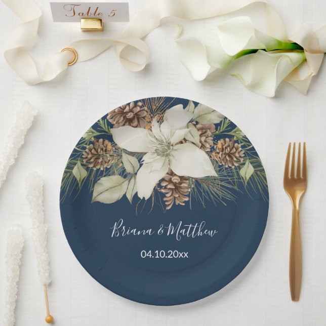Winter Navy Blue Elegant Script Wedding Paper Plates (Wedding)
