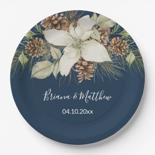 Winter Navy Blue Elegant Script Wedding Paper Plates