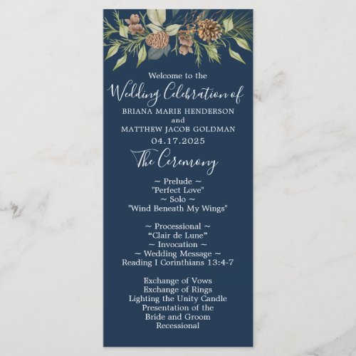 Winter Navy Blue Elegant Script Wedding Program