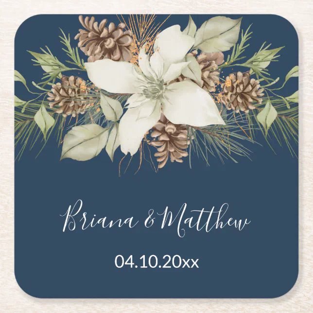 Winter Navy Blue Elegant Script Wedding Square Paper Coaster | Zazzle