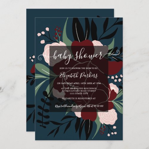 Winter navy blue red editable floral baby shower invitation