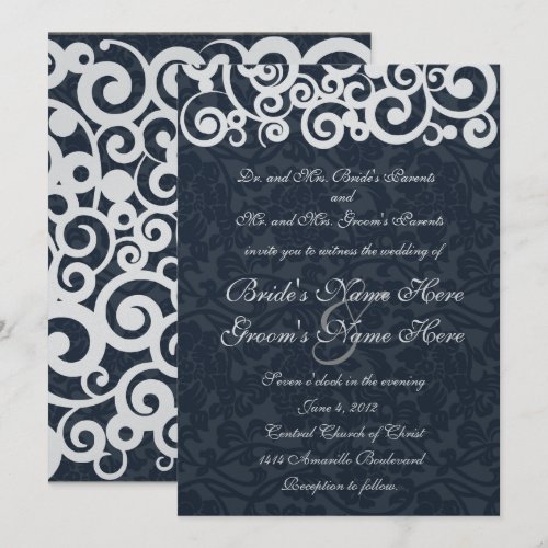 Winter Navy Blue Swirls Wedding Invitation