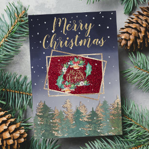 Winter Navy Red Watercolor Snow Trees Christmas Card