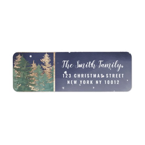 Winter Navy Watercolor Snow Trees Christmas Label