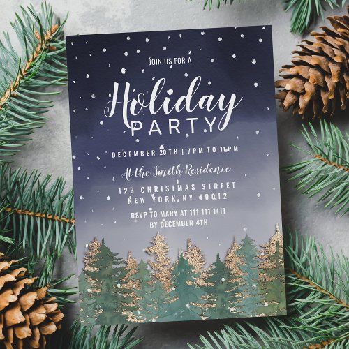Winter Navy Watercolor Snow Trees Holiday Party Invitation