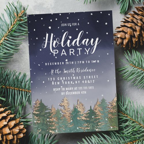 Winter Navy Watercolor Snow Trees Holiday Party Invitation Postcard