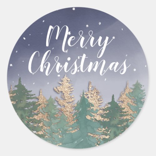 Winter Navy Watercolor Snow Trees Merry Christmas Classic Round Sticker