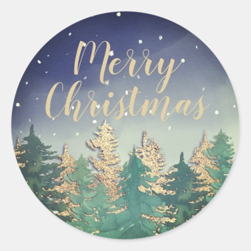 Winter Navy Watercolor Snow Trees Merry Christmas  Classic Round Sticker