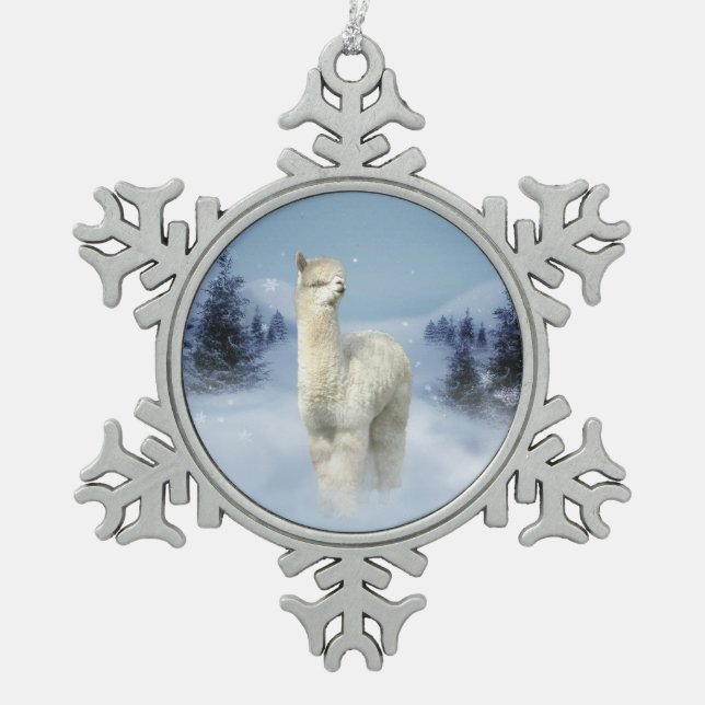 Winter Night Alpaca Pewter Snowflake Ornament (Front)