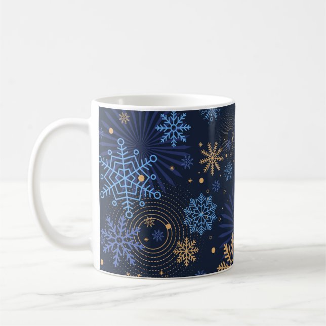 Winter Night: Blue Snowflake Pattern. Coffee Mug (Left)