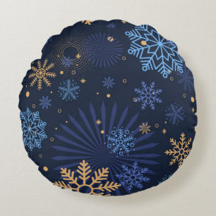 Winter Night: Blue Snowflake Pattern. Round Pillow