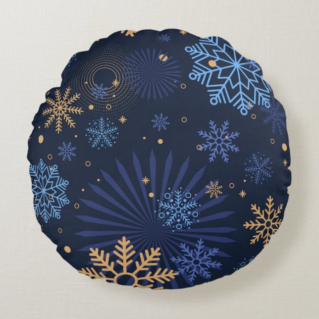 Winter Night: Blue Snowflake Pattern. Round Pillow (Front)