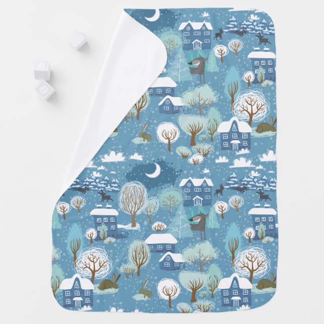 Winter night cute village scene animals houses blu baby blanket (In Situ)