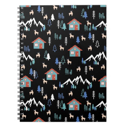 Winter Night Deer Forest Cabin Pattern I Notebook