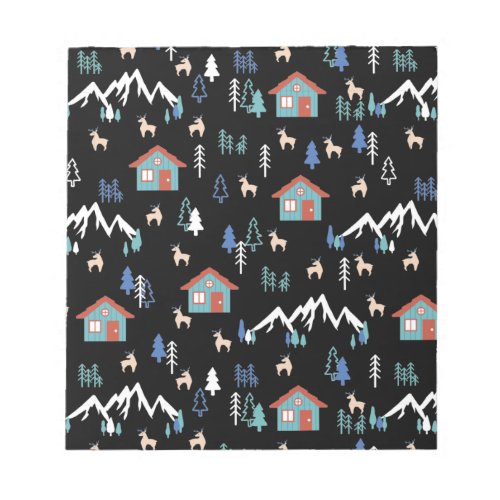 Winter Night Deer Forest Cabin Pattern I Notepad