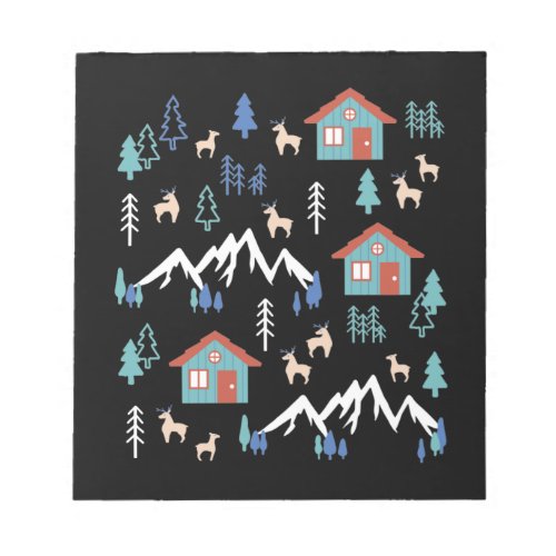 Winter Night Deer Forest Cabin Pattern I Notepad