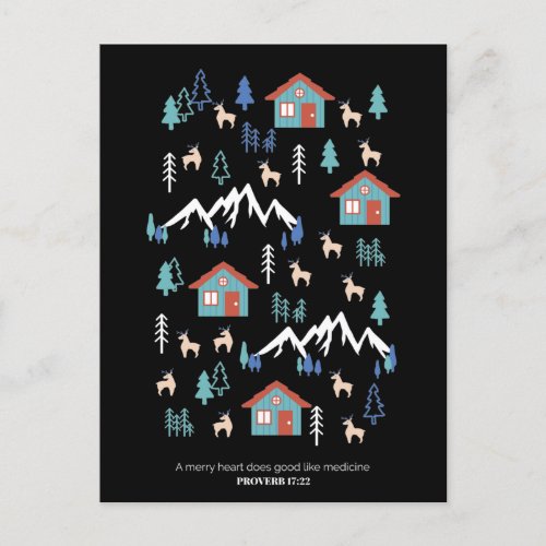 Winter Night Deer Forest Cabin Pattern I Postcard