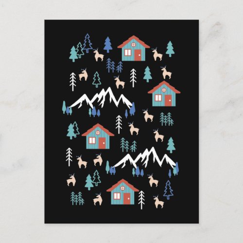 Winter Night Deer Forest Cabin Pattern I Postcard