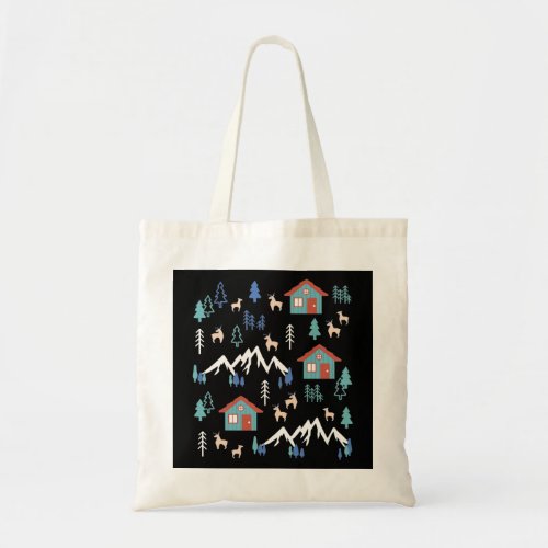 Winter Night Deer Forest Cabin Pattern I Tote Bag