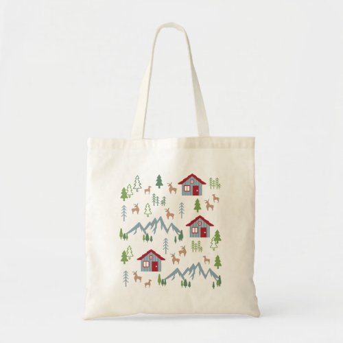 Winter Night Deer Forest Cabin Pattern II Tote Bag