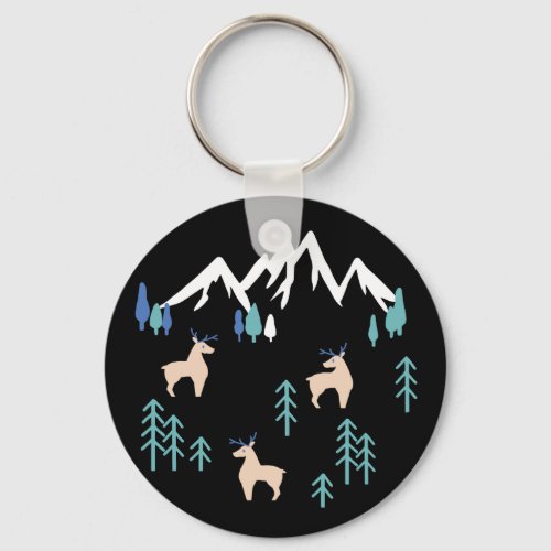 Winter Night Deer Forest Pattern Keychain