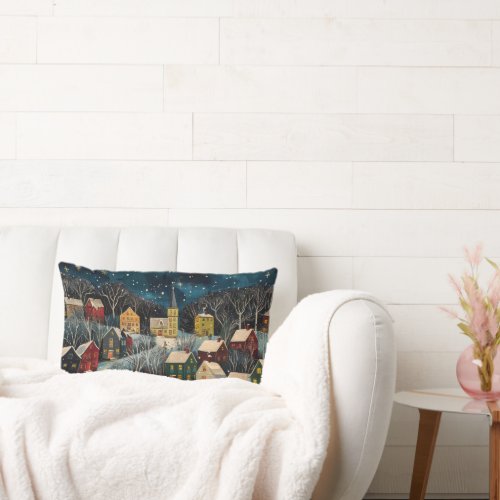 Winter Night Folk Art Oil Painting Cushion