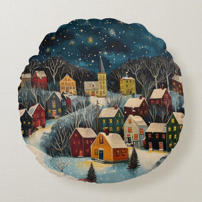 Winter Night Folk Art Oil Painting Poster Round Pillow (Front)